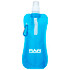 A drink bottle in a translucent blue colour with a clear spout and a carabiner attachment. It features a logo.