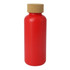 A drink bottle in vibrant red with a cork lid and a simple design. It features a logo.