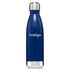A drink bottle with a sleek navy blue design and a stainless steel top featuring a logo.