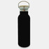 A drink bottle in sleek black, featuring a stainless steel lid and a cork accent, with a logo on its surface.