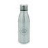 A drink bottle made of stainless steel with a silver finish and a logo on the front.