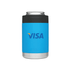 A drink holder featuring a blue exterior and a silver base, with a logo on the front.