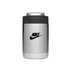 A stainless steel stubby cooler with a black top and a logo. Suitable for holding cans.