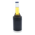 A black stubby cooler with a silver base holding a beer bottle. It features a simple design and includes branding.