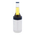 A silver stubby cooler containing a bottle of beer, featuring a dark blue top and a sleek design.
