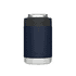 A navy blue stubby cooler made from stainless steel with a grey top. It features a logo on the surface.