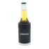 A stubby cooler in black with a silver base, holding a beer bottle. It features a logo.
