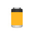 An orange stubby cooler with a black top, designed to hold beverage cans. It has a metal base and a logo.