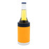 A drink bottle holder in vibrant orange and silver, designed for standard-sized stubby bottles, featuring a black rim.