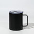 A black travel mug with a clear lid and a handle, designed for convenience and portability.