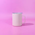 A drink bottle, the Wanderer 400ml Mug, features a pastel pink body with a blue lid. It has a handle and branding.