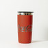 A drink bottle in a rust red colour with a stainless steel lid and a logo on the side.