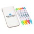 A highlighter set featuring five vibrant colours: yellow, pink, orange, green, and blue, alongside a white carrying case with a logo.