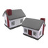 A pair of stress relief toys shaped like houses, featuring grey roofs, red doors, and white walls.