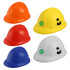 A collection of stress relief hard hats in orange, red, yellow, blue, and white, featuring various designs and a logo.