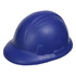 A blue stress hard hat with a smooth surface and rounded top. It features a simple design and has a logo.