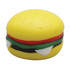 A yellow stress hamburger keyring with red and green detailing, featuring a logo on its side.