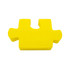 A yellow jigsaw puzzle piece made of soft material, featuring a hole in the middle and rounded edges.