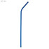 A bent stainless steel straw in blue, measuring 6mm x 215mm, with a logo present.