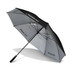 A black and grey double canopy golf umbrella with a logo, featuring a comfortable handle.