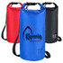 A blue, red, and black dry bag, each featuring a strap and a logo, designed for keeping contents dry.