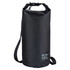 A black 10L dry sack with a shoulder strap and a logo. Suitable for waterproof storage.