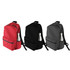 Three backpacks in red, black, and grey, each featuring a side pocket with a drink bottle. Each backpack has a logo.