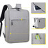 A grey backpack featuring multiple compartments and a logo. Includes pockets for a phone and a drink bottle.
