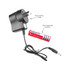 A charging adapter with a recharging cable and a red rechargeable battery, labelled with brand details.