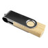 A bamboo and silver USB flash drive with a swivel design, featuring a logo on the metal section.