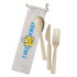 Wheat straw cutlery set in a bag, featuring a spoon, knife, and fork in beige tones. Bag has a logo.