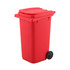 A red wheelie bin pen holder with a closed lid and a black wheel, designed for desk organisation.
