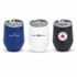 Three insulated mugs with lids in blue, white, and black, featuring different logos.
