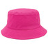 A pink bucket hat with a simple design and stitching details, featuring a small logo.
