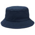A navy bucket hat with a wide brim and a small logo on the side.