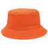 An orange bucket hat made of fabric with a wide brim. It features a small logo.