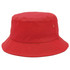 A red bucket hat with a wide brim and a subtle logo detail. Suitable for casual wear.