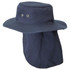 A navy blue hat with a wide brim and rear neck flap, featuring two ventilation eyelets. It has a branding logo.