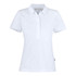 A white women's cotton polo shirt with a collar and buttoned placket, featuring a branded tag at the hem.