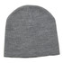 A grey beanie made from knit fabric, featuring a simple design and a logo on it.