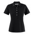 A black women's polo shirt featuring a classic collar and button detail, with a logo on the chest area.