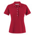 A red women's polo shirt with short sleeves and a buttoned placket. It has a logo on the side.