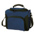 A blue and black cooler bag with a zip closure, carrying handle, and adjustable shoulder strap. Features a logo.