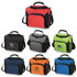 A collection of cooler bags in red, black, grey, green, blue, and orange, featuring various logos and designs.