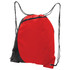 A red and black drawstring bag featuring a zip pocket and adjustable cords. It has a logo on the front.