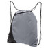 A grey and black drawstring bag with a front zip pocket and adjustable straps. It features a logo.