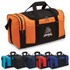 An orange duffle bag with black accents and a logo, featuring additional bags in blue and black.
