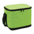 A green cooler bag with a zip closure and a black strap for carrying, featuring a logo.