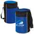A drink bottle cooler in black and blue, featuring a shoulder strap and a logo on the front.