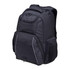 A black laptop backpack with multiple pockets and zippers, featuring a sleek design and a subtle logo.